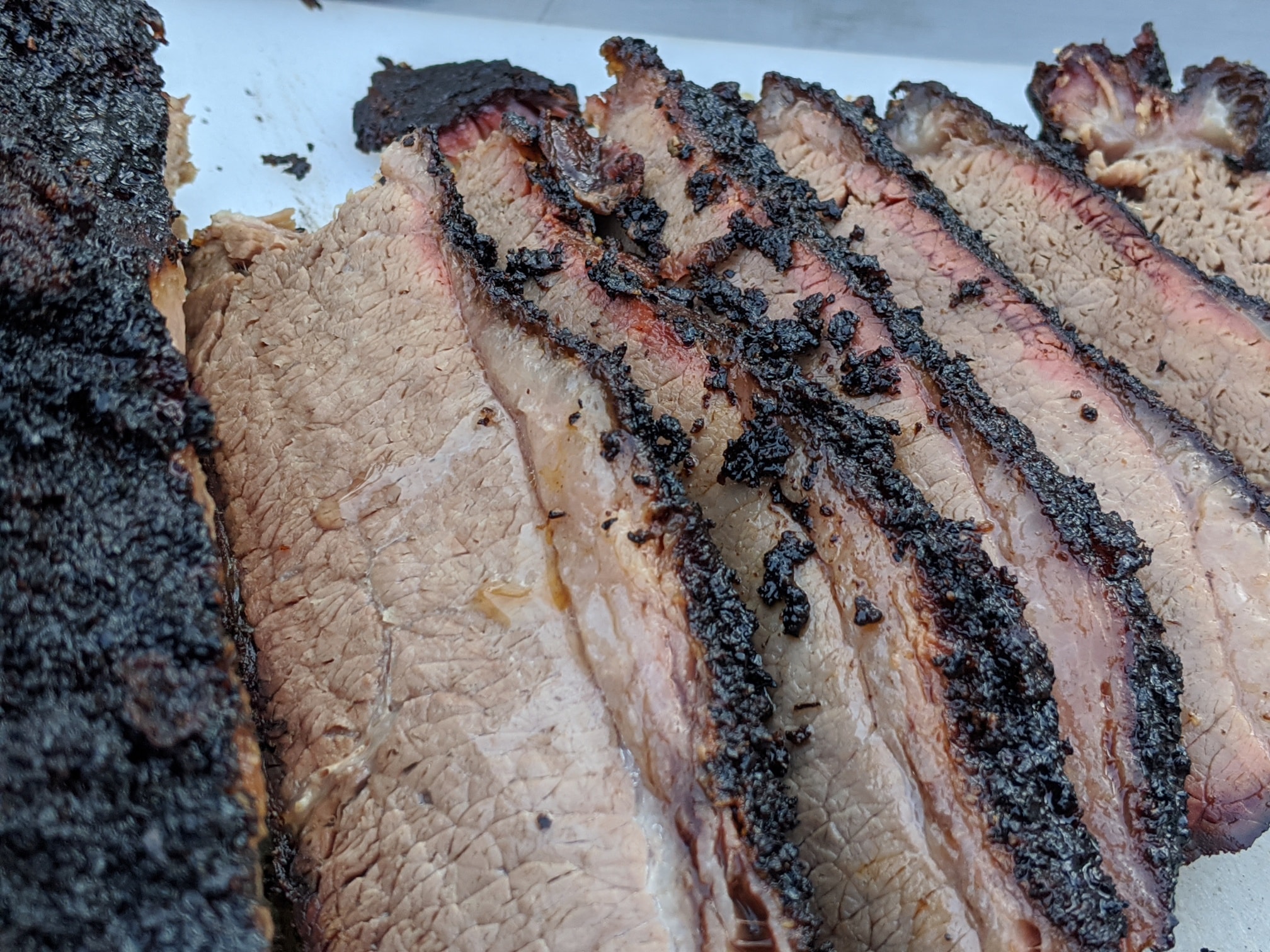 Smoked brisket sliced and ready to serve